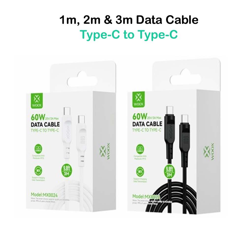 Woox Type C to Type C PVC Data Cable, 60W 20V/3A Max, 1m/2m/3m,  White/Black