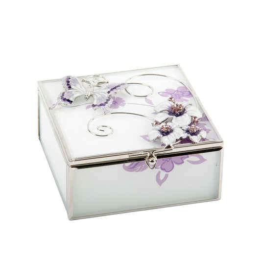 Glass Square Trinket Box Purple Butterfly/Flwrs/Crys