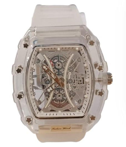 New Rubber Gents Clear Fashion Quartz Movement Skeleton Clear Dial Rubber Strap Watch Available Multiple Colour