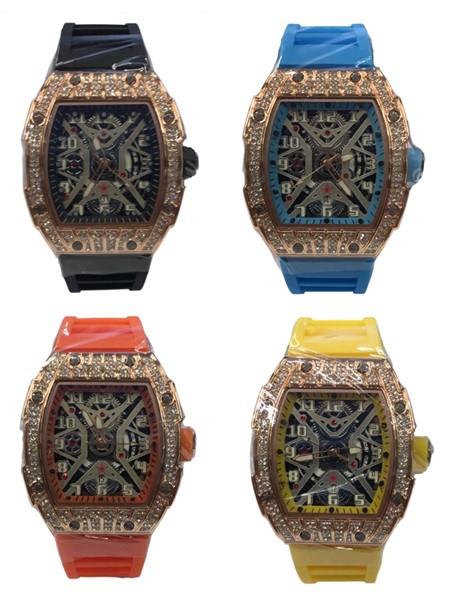 New Rubber Gents Rose Bling Fashion Quartz Movement Dated Skeleton Clear Dial Rubber Strap Watch Available Multi Colour NY London