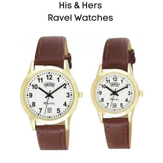 Ravel Mens Gilt Day/Date Brown Faux Leather Strap Watch + Ravel Womens Gilt Day/Date Brown Faux Leather Strap Watch R0706.42.1+R0706.42.2