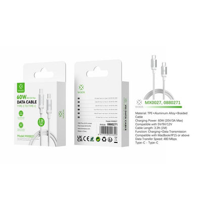 Woox Type C to Type C Braided Data Cable, 60W 20V/3A Max, 1m/2m, White/Black
