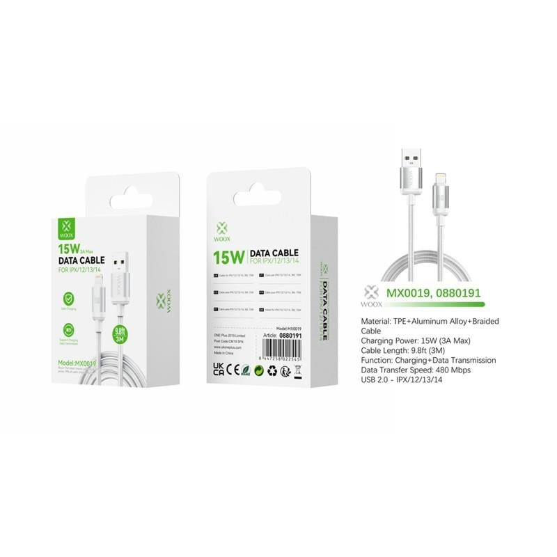 Woox USB to Lightning Braided Data Cable, 15W 3A Max, 9.8ft 3m, White/Black