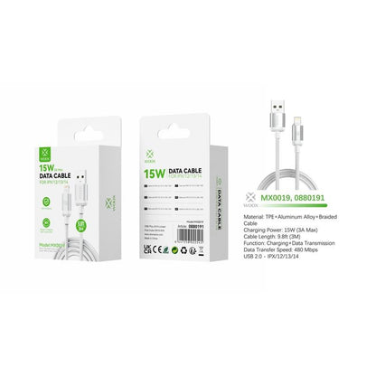 Woox USB to Lightning Braided Data Cable, 15W 3A Max, 9.8ft 3m, White/Black