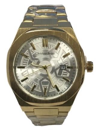 Christyan Arden Mens Fashion Octagon Silver Dated Dial Analogue Gold Metal Bracelet Strap Watch