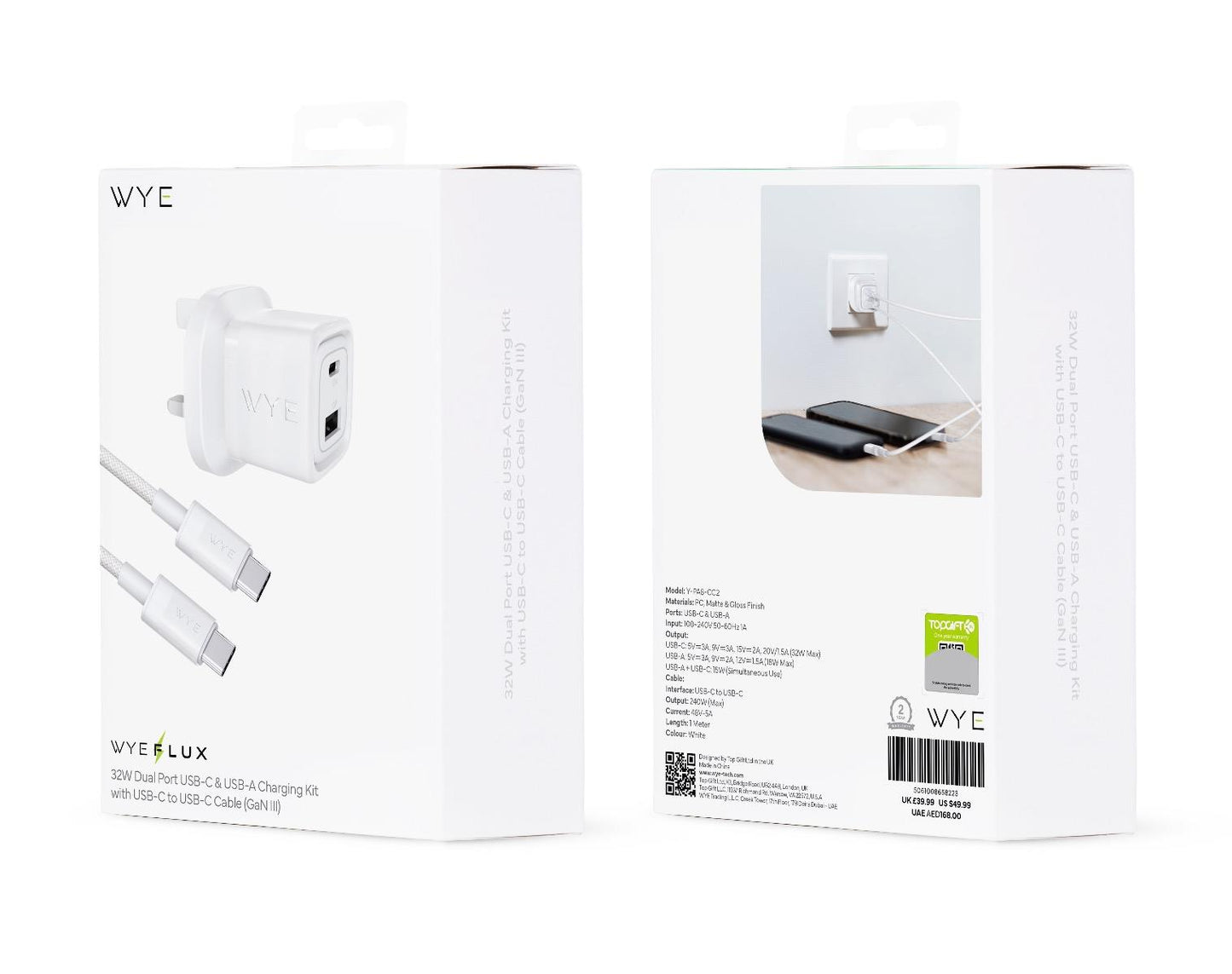 WYEFLUX 32W Dual Port USB-C & USB-A Charging Kit with USB-C to USB-C Cable (Gan III)