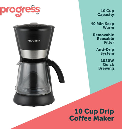 Progress Filter Coffee Maker Machine Auto Shut-Off 1080 W 1.5 L Black