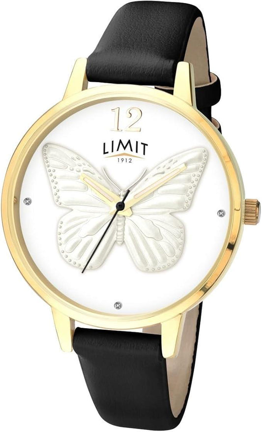 Limit Ladies Fashion Secret Garden Gold Case with White 3D Butterfly Dial Leather Strap Watch 6283