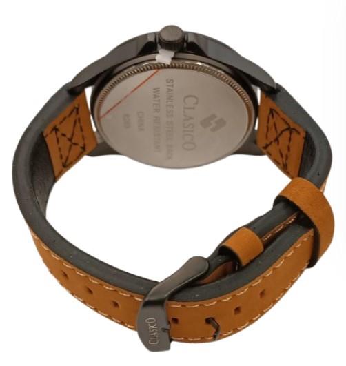 Clasico Mens Sports Water Resistant Day/Date Grey Dial Brown Leatherr Strap Watch