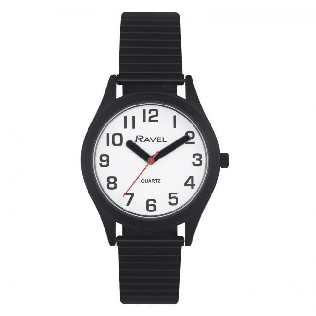 Ravel Mens Basic Bold Easy Read Expander Bracelet Watch White/Black R0225