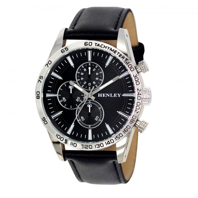 Henley Mens Polished Silver Sports Multi Eye Dial Leather Strap Watch H03016 Available Multiple Colour