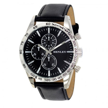 Henley Mens Fashion Polished Silver Sports Multi Eye Dial Leather Strap Watch H03016 Available Multiple Colour
