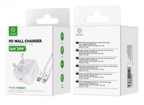 WOOX MX0251 20W PD Home Charger with Type-C to Lightening Fast Cable, 5V 3A, White