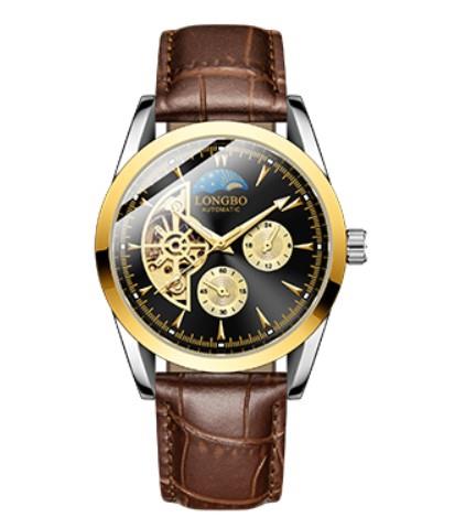 Longbo Mens Automatic Hollow mechanical Dial Analogue Gold/Brown Leather Strap Watch