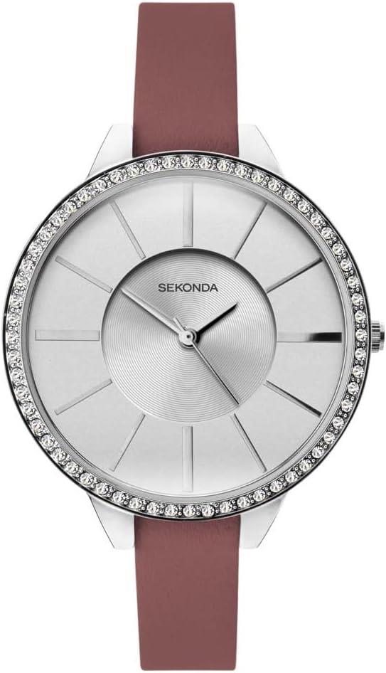 Sekonda Ladies Basic Silver Glitter Bling Dial and Pink Leather Strap Watch