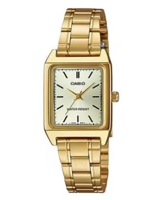 Casio Ladies Basic Water resistant Golden Analogue Rectangle Dial Golden Stainless Steel Band Dress Watch