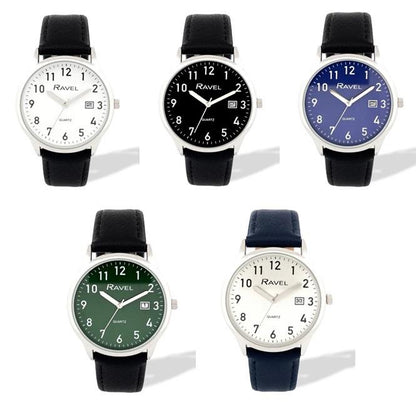 Ravel Mens Basic Silver case Dated Dial With Black Faux Leather Strap Watch Available Multiple Colour