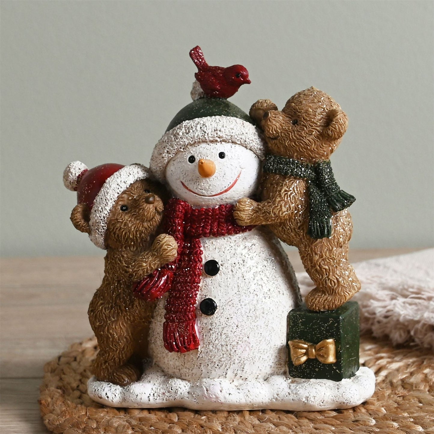 Snowman and Teddy Bears Scene Figurine