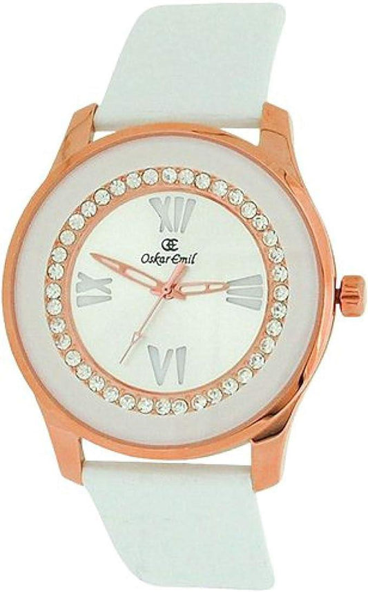Oskar Emil Ladies Ruby White Bling Silver Dial with White Leather Strap Watch CLEARANCE - NEEDS RE-BATTERY