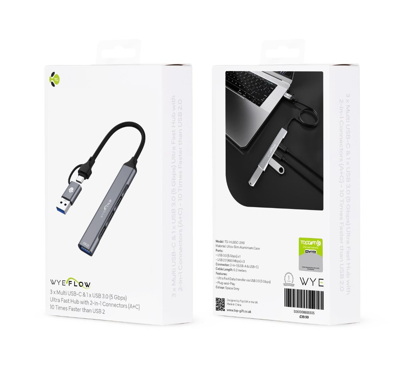 WYEFLOW 3.0 (5 Gbps) Ultra Slim Multi USB Hub with 2-In-1 Connectors (A+C) 10 Times Faster than USB 2.0