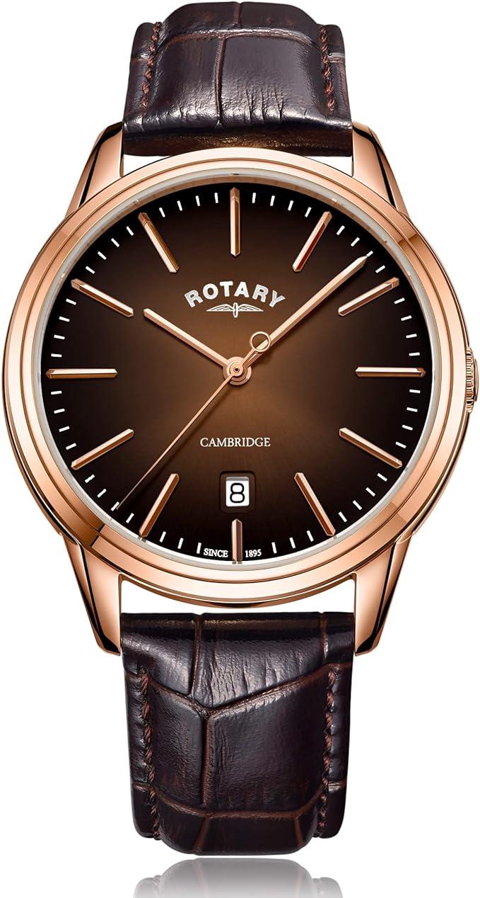 Rotary Men's Cambridge Sapphire Rose Gold PVD Case Brown Leather Strap Watch GS05394