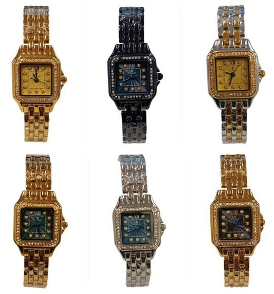 Clasico Ladies Water Resistant Square Bling Dial Metal Strap Bracelet Watch Available Multiple Colour