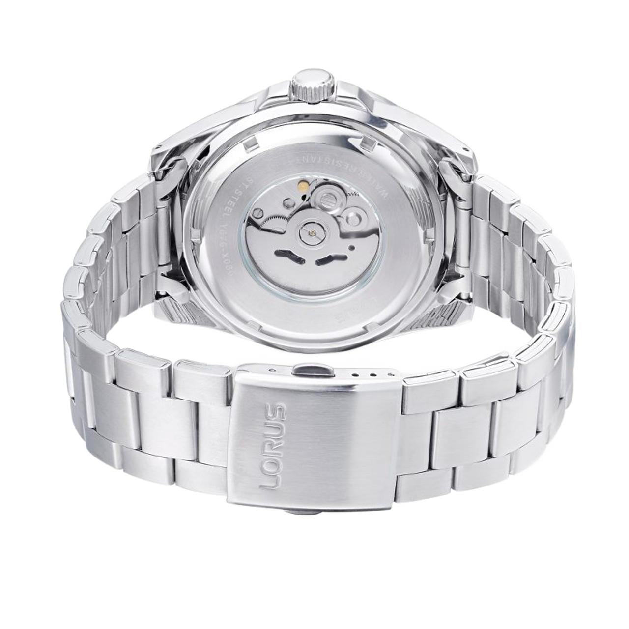 Lorus Mens Sports Fashion Automatic Day/Date 44mm Black Dial stainless-steel bracelet Watch