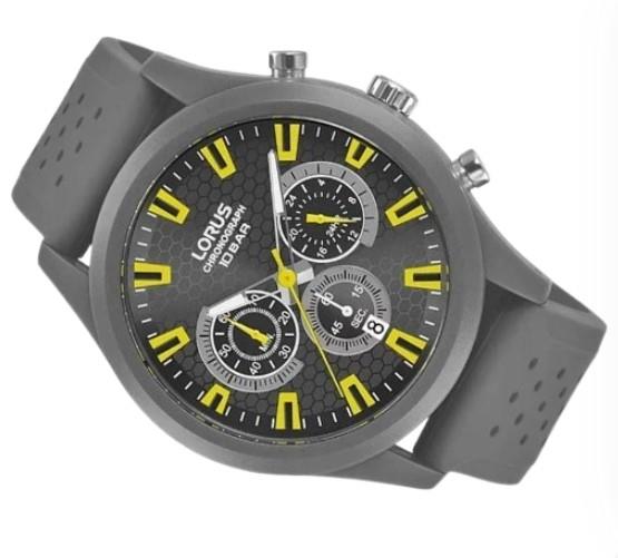 Lorus Mens Sports Chronograph Dated Grey/Yellow Dial Grey Rubber Strap Watch RT377JX9