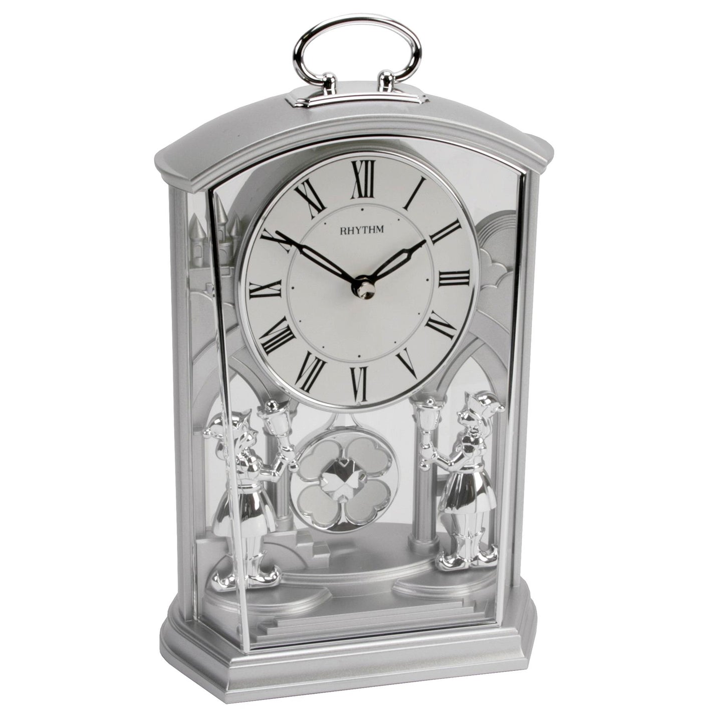 Rhythm Silver Swinging Pendulum and 2 Sweet Little Footmen with Handle Mantel Clock