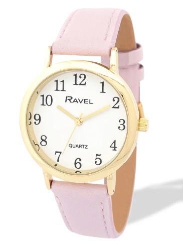 Ravel Ladies Basic Medium Gilt Case White Dial Leather Strap Watch Available Multiple Colour