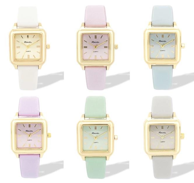 Ravel Ladies Fashion Summertime Square Gilt Case Dial with Leather Strap Watch Available Multiple Colour