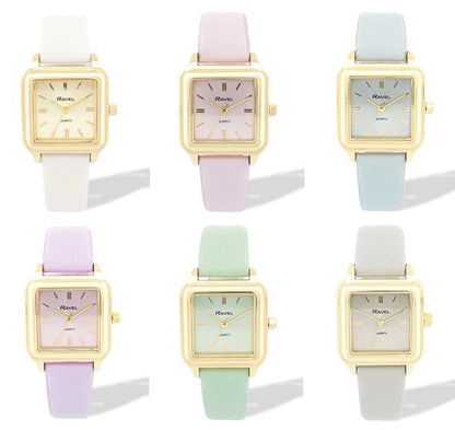 Ravel Ladies Fashion Summertime Square Gilt Case Dial with Leather Strap Watch Available Multiple Colour