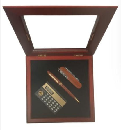 Imperial Mini Calculator & Pocket Knife Set with Wood Matt Brown Gold Trim Ball Pen IMP366 Clock Gift Set - CLEARANCE NEEDS RE-BATTERY & Refill