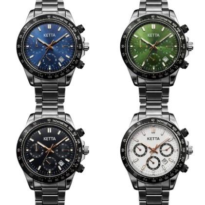 Ketta Mens Fashion Dated Multi Dial with Black Top Ring Silver Metal Bracelet Strap Watch Available Multiple Colours