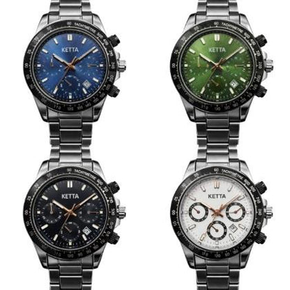 Ketta Mens Fashion Dated Multi Dial with Black Top Ring Silver Metal Bracelet Strap Watch Available Multiple Colours