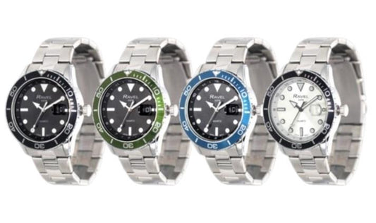 Ravel Mens Fashion Sports 42mm Round 5ATM Dated Dial Uni-Directional Bezel Silver Plated Bracelet Watch RPD-MB Available Multi Colors