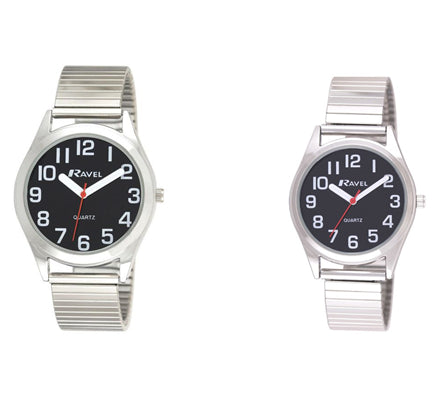 Ravel Mens / Ladies Black Face Silver Expander Bracelet Watch R0225