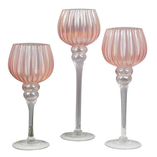 Set of 3 Pink Glass Goblet Style Candle Holders