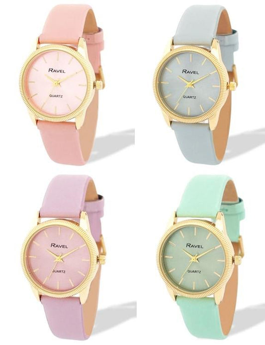 Ravel Ladies Fashion Round Golden Textured Case Dial with Leather Strap Watch Available Multiple Colour