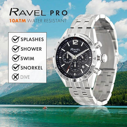 Ravel Mens Fashion 100m Water Resistant Chronograph Dated Dial Silver Plated Bracelet Watch RPR-MB Available Multi Colors