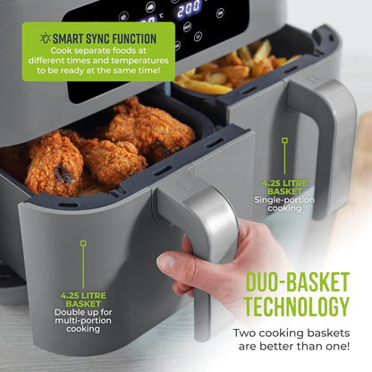 Tower Vortx 8.5L Dual Basket Air Fryer with Dual Cook Function, 2400W, Grey & Chrome