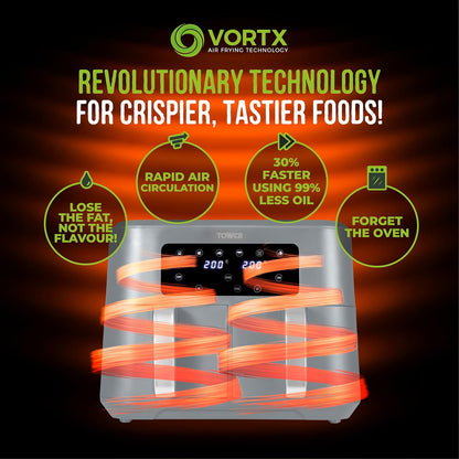 Tower Vortx 8.5L Dual Basket Air Fryer with Dual Cook Function, 2400W, Grey & Chrome