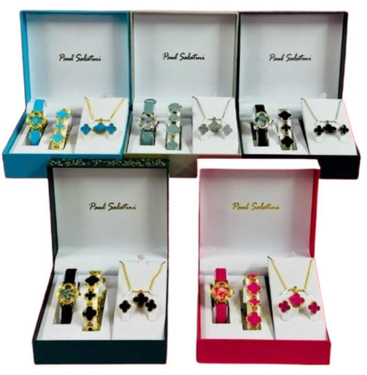 Paul Salatini Ladies Fashion Bling Dial Leather Strap Watch Bracelet, Necklace & Earrings Gift Sets 2530 Available Multiple Colour