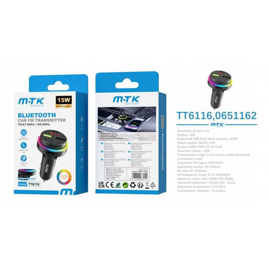 Bluetooth 5.3 Car FM Transmitter, USB+TYPE-C 3.1A, Black TT6116