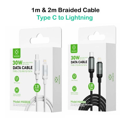 Woox Type C to Lightning Braided Data Cable, 30W - 5V/3A, 9V/3A, 15V/2A, 20V/1.5A Max, 1m/2m, White/Black