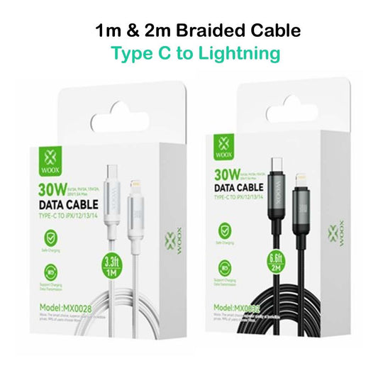 Woox Type C to Lightning Braided Data Cable, 30W - 5V/3A, 9V/3A, 15V/2A, 20V/1.5A Max, 1m/2m, White/Black
