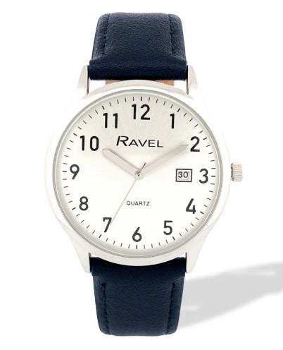Ravel Mens Basic Silver case Dated Dial With Black Faux Leather Strap Watch Available Multiple Colour