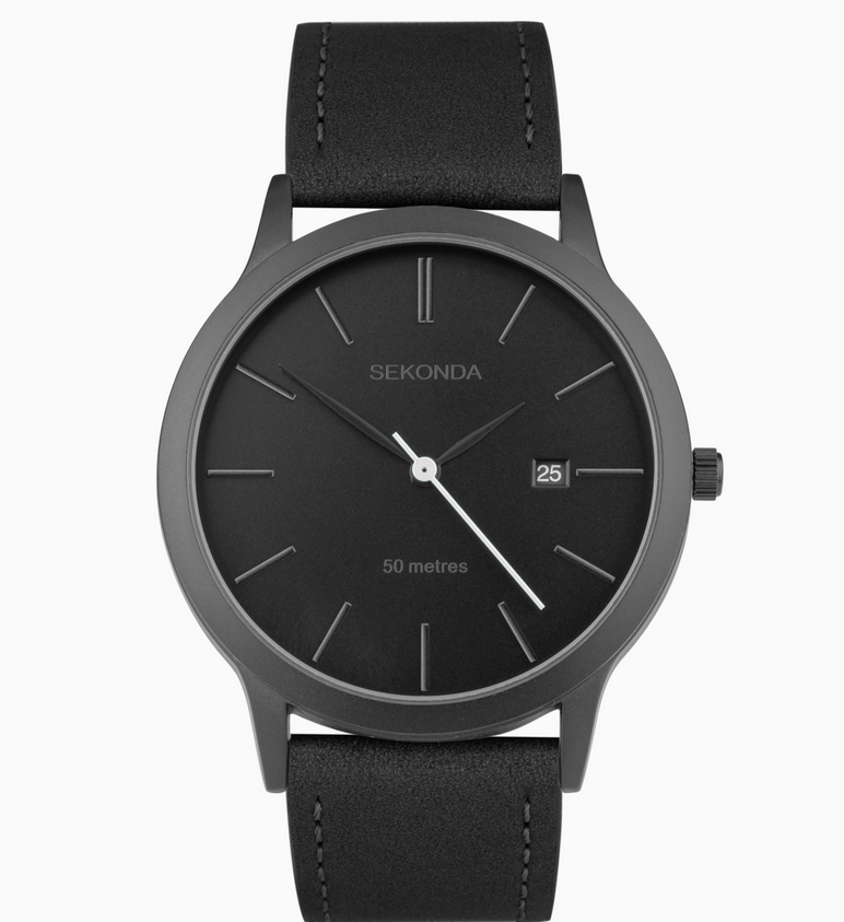 Sekonda Mens Bergen Black Alloy Case & Black Leather Strap with Black Dial Watch