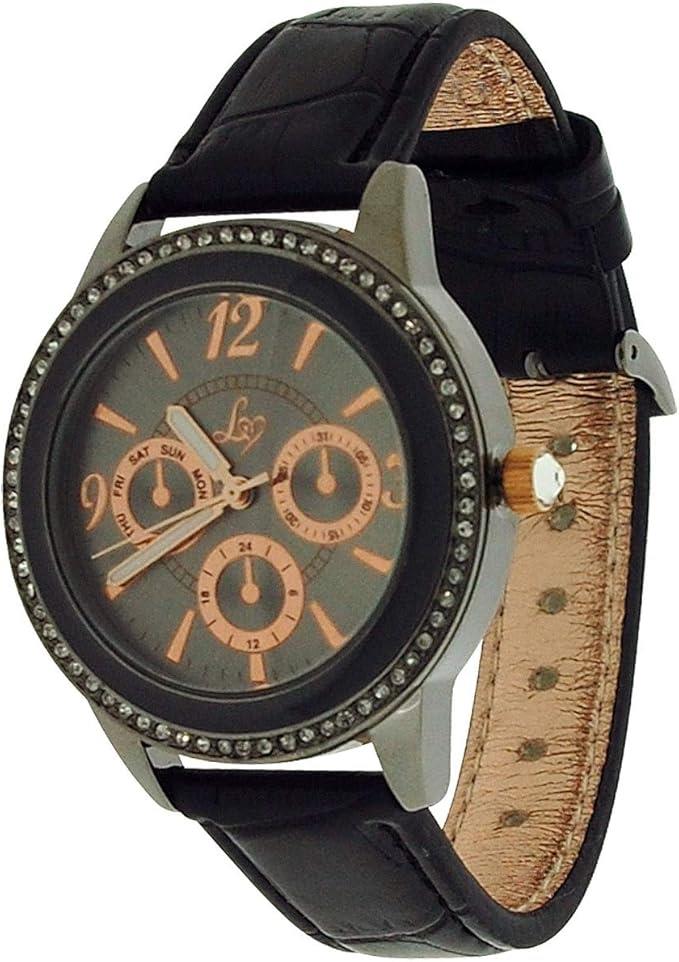 Lipsy London Ladies Bling Bezel Chrono Effect Dial Black Leather Strap Watch LP284 - CLEARANCE NEEDS RE-BATTERY