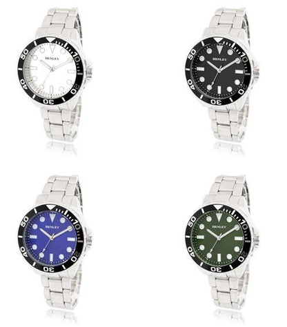Henley Mens Fashion Round Case Dial with Black Top Ring Silver Plated Bracelet Watch H04002 Available Multiple Colors